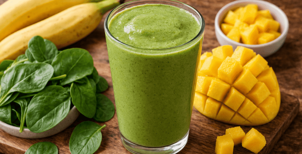 Fresh green smoothie with fruity ingredients Fresh green smoothie with fruity ingredients