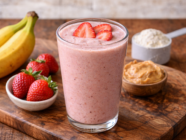 Fresh pink smoothie with strawberries and bananas