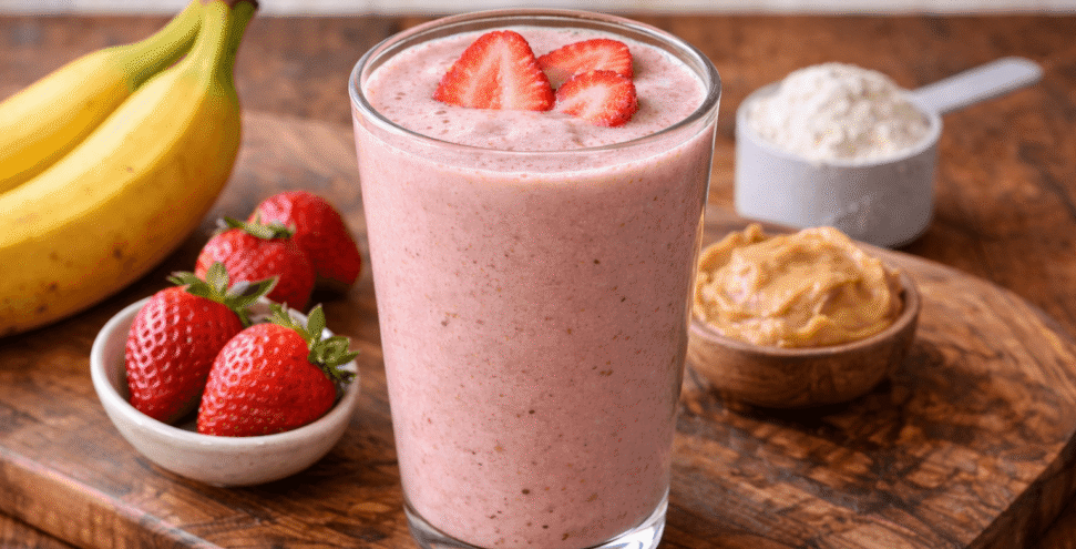 Fresh pink smoothie with strawberries and bananas Fresh pink smoothie with strawberries and bananas