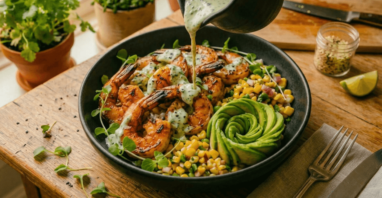 Grilled Shrimp Bowl with Avocado, Corn Salsa & Creamy Sauce Grilled Shrimp Bowl with Avocado, Corn Salsa & Creamy Sauce