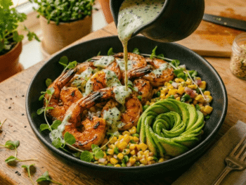 Grilled Shrimp Bowl with Avocado, Corn Salsa & Creamy Sauce