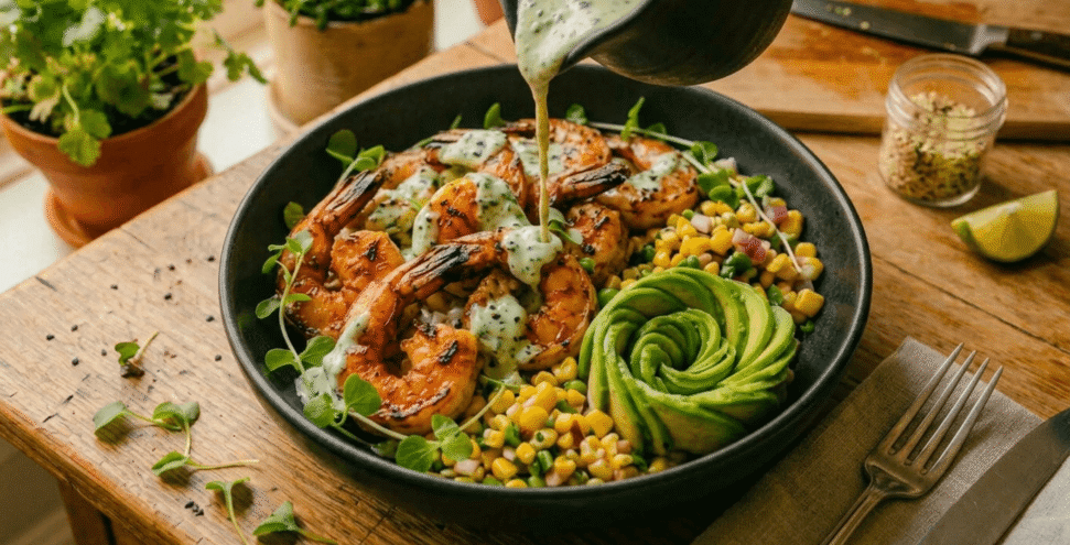 Grilled Shrimp Bowl with Avocado, Corn Salsa & Creamy Sauce Grilled Shrimp Bowl with Avocado, Corn Salsa & Creamy Sauce