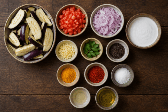 Ingredients of Sri Lankan aubergine curry Ingredients of Sri Lankan aubergine curry