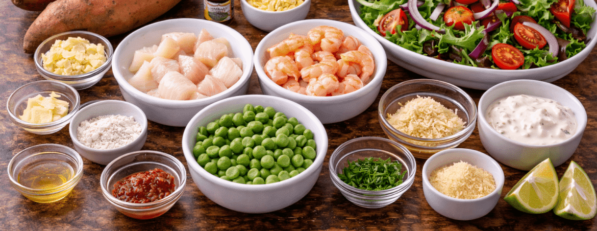 Seafood pie ingredients with salad