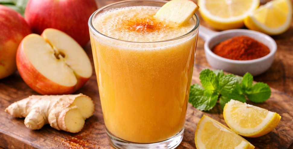 Spicy apple juice with fresh ingredients