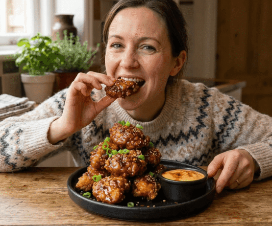 Taking a bite of the Sticky & Spicy Glazed Crispy Chicken Bites