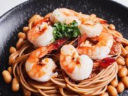 Protein powerhouse spicy prawn and white bean pasta, a healthy prawn recipe